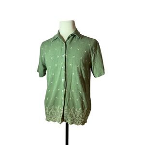 Selene Sport Silk Embroidered Button Down Short Sleeve Top Green Womens